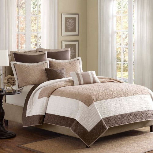 7 Piece Quilt Set With Euro Shams And Throw Pillows Beige FullQueen