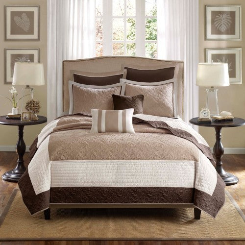 7 Piece Quilt Set With Euro Shams And Throw Pillows Beige FullQueen